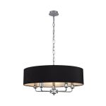 Banyan 5 Light Multi Arm Pendant, With 1.5m Chain, E14 Polished Chrome With 60cm x 15cm Faux Silk Shade, black