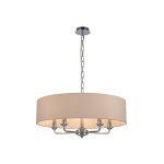 Banyan 5 Light Multi Arm Pendant, With 1.5m Chain, E14 Polished Chrome With 60cm x 15cm Dual Faux Silk Shade, Nude Beige/Moonlight