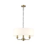 Banyan 3 Light Multi Arm Pendant, With 1.5m Chain, E14 Antique Brass With 45cm x 15cm Faux Silk Shade, White