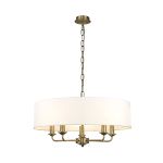 Banyan 5 Light Multi Arm Pendant, With 1.5m Chain, E14 Antique Brass With 60cm x 22cm Faux Silk Shade, White