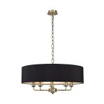 Banyan 5 Light Multi Arm Pendant, With 1.5m Chain, E14 Antique Brass With 60cm x 15cm Faux Silk Shade, black