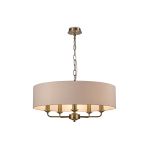 Banyan 5 Light Multi Arm Pendant, With 1.5m Chain, E14 Antique Brass With 60cm x 15cm Dual Faux Silk Shade, Nude Beige/Moonlight