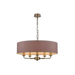 Banyan 5 Light Multi Arm Pendant, With 1.5m Chain, E14 Antique Brass With 60cm x 15cm Dual Faux Silk Shade, Taupe/Halo Gold