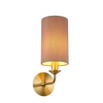 Banyan 1 Light Switched Wall Lamp, E14 Antique Brass With 12cm Dual Faux Silk Shade, Taupe/Halo Gold