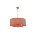 Banyan 3 Light Multi Arm Pendant, With 1.5m Chain, E14 Antique Brass With 50cm x 20cm Dual Faux Silk Shade, Antique Gold/Ruby
