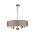 Banyan 5 Light Multi Arm Pendant, With 1.5m Chain, E14 Satin Nickel With 60cm x 15cm Faux Silk Shade, Grey