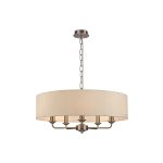 Banyan 5 Light Multi Arm Pendant, With 1.5m Chain, E14 Satin Nickel With 60cm x 15cm Faux Silk Shade, Ivory Pearl/White Laminate