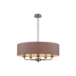Banyan 5 Light Multi Arm Pendant, With 1.5m Chain, E14 Satin Nickel With 60cm x 15cm Dual Faux Silk Shade, Taupe/Halo Gold