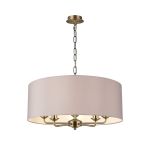 Banyan 5 Light Multi Arm Pendant, With 1.5m Chain, E14 Antique Brass With 60cm x 22cm Faux Silk Shade, Grey/White Laminate
