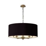 Banyan 5 Light Multi Arm Pendant, With 1.5m Chain, E14 Antique Brass With 60cm x 22cm Dual Faux Silk Shade, Black/Green Olive