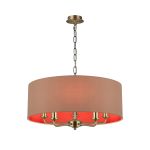 Banyan 5 Light Multi Arm Pendant, With 1.5m Chain, E14 Antique Brass With 60cm x 22cm Dual Faux Silk Shade, Antique Gold/Ruby