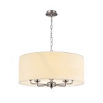 Banyan 5 Light Multi Arm Pendant, With 1.5m Chain, E14 Satin Nickel With 60cm x 22cm Faux Silk Shade, Ivory Pearl/White Laminate