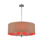 Banyan 5 Light Multi Arm Pendant, With 1.5m Chain, E14 Satin Nickel With 60cm x 22cm Dual Faux Silk Shade, Antique Gold/Ruby