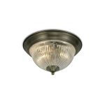 Macy IP44 2 Light E14 Flush Ceiling Light, Antique Brass With Clear Ribbed Glass