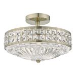 Olona 3 Light E14 Antique Brass Semi Flush Ceiling Light With Crystal Beads And Clear Glass Diffuser